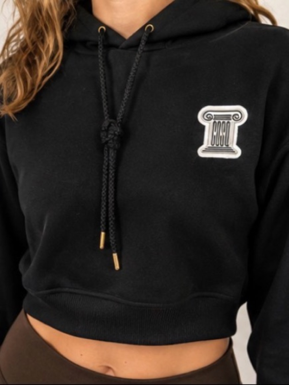 Black Cropped Hoodie with Column Patch